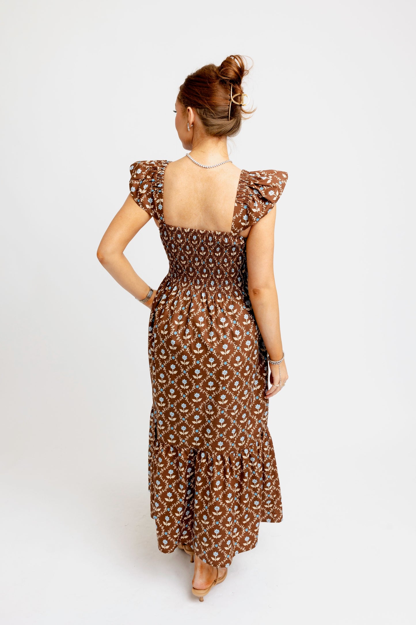 Karlie Floral Smocked Tiered Dress in Chocolate