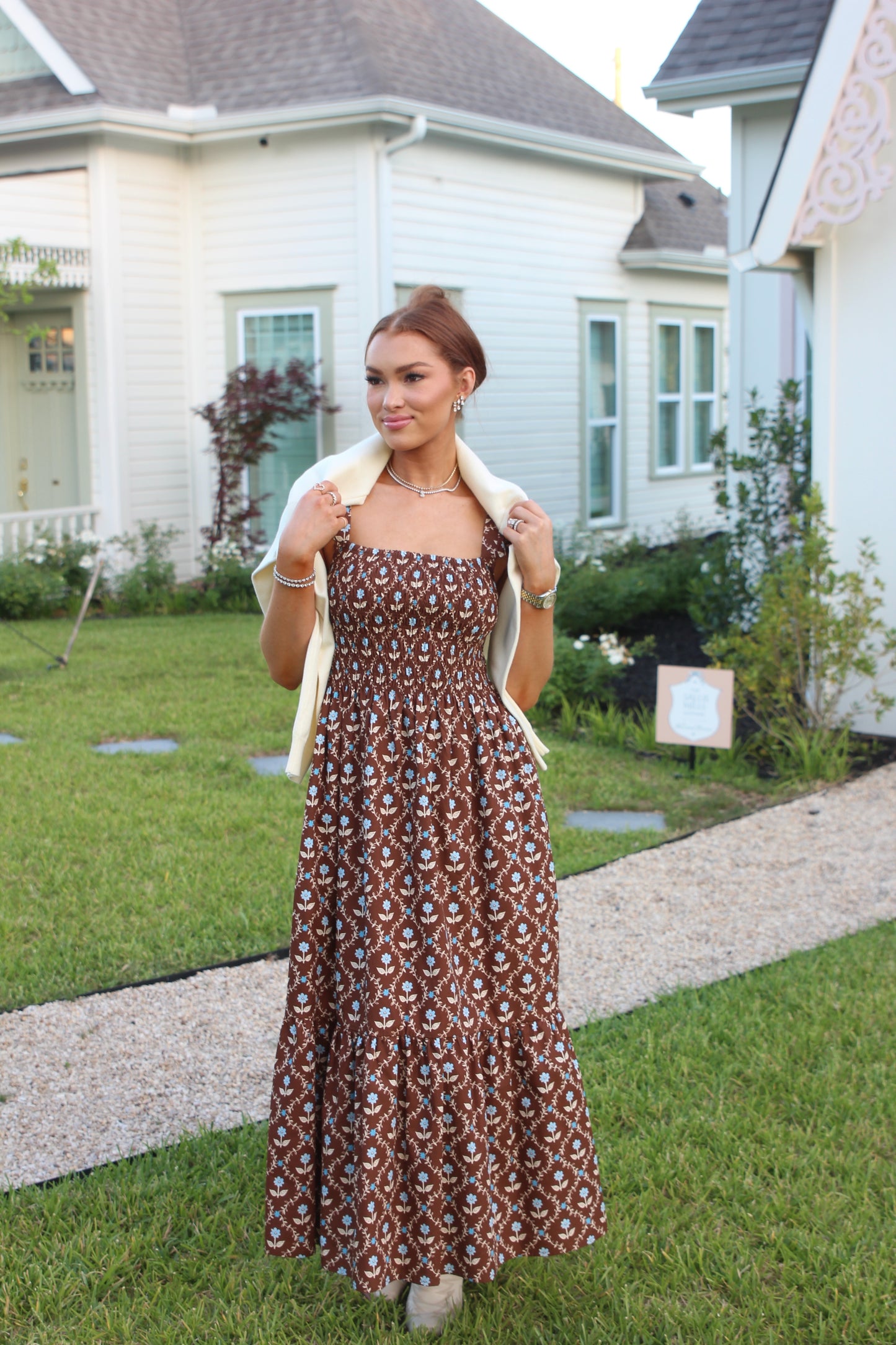 Karlie Floral Smocked Tiered Dress in Chocolate