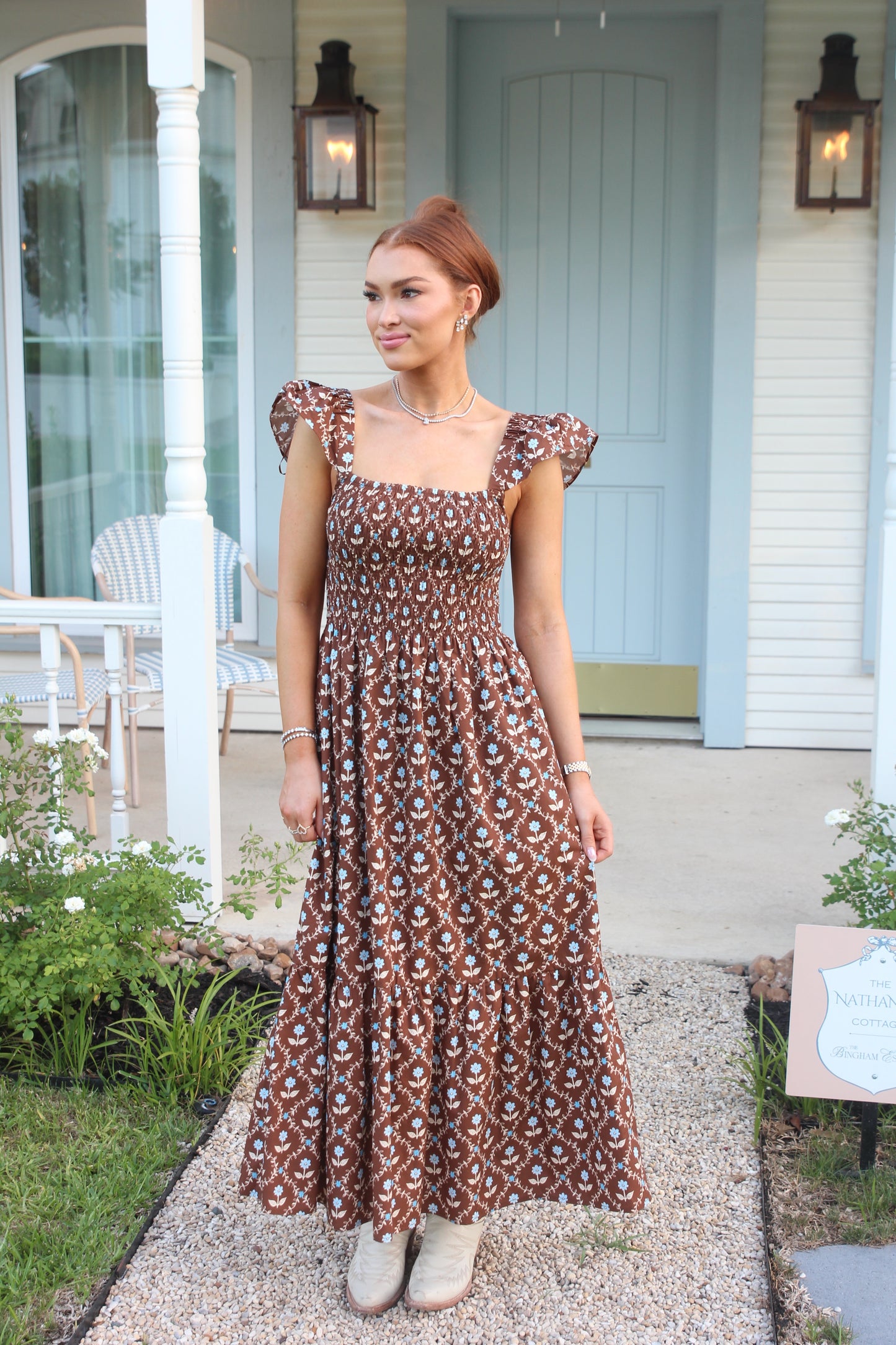 Karlie Floral Smocked Tiered Dress in Chocolate