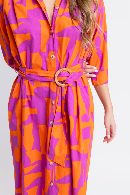 Karlie Poplin Belted Shirt Dress in Orange Multi Geo