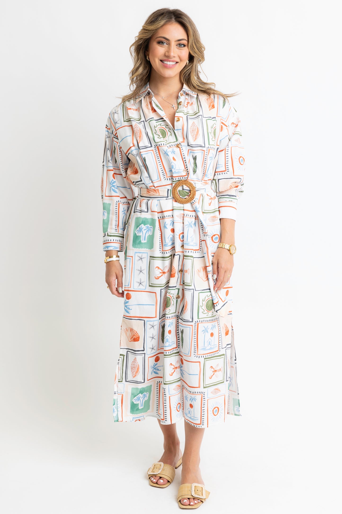 Karlie Belted Shirt Dress in Capri Coast