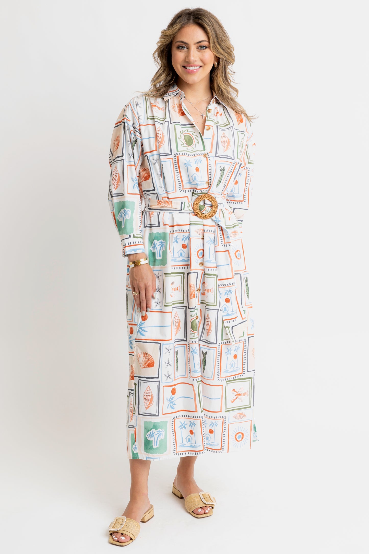 Karlie Belted Shirt Dress in Capri Coast