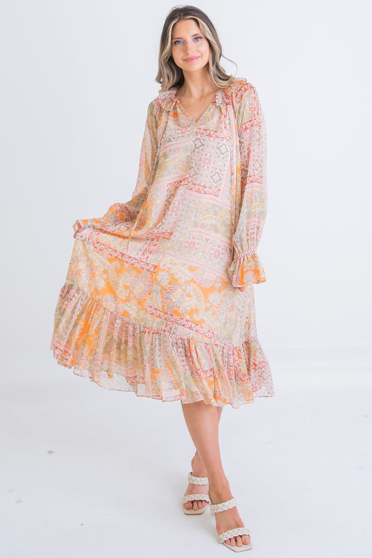 Karlie Chiffon Ruffle Midi Dress in Fall Paisley