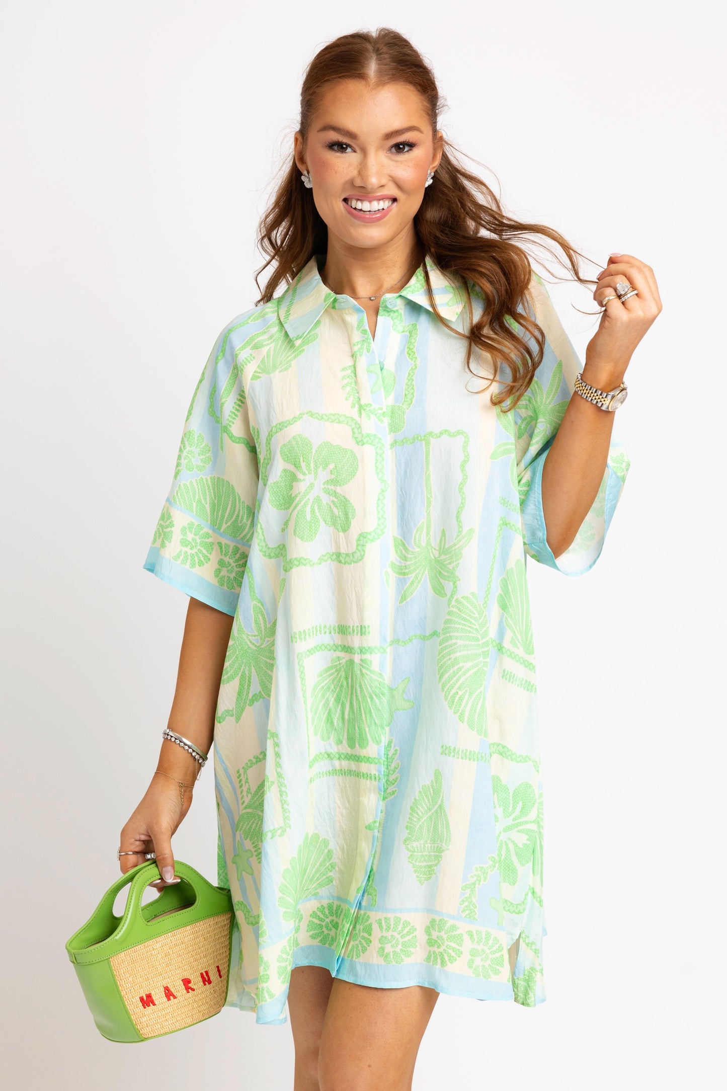Karlie Striped Pleat Back Shirt Dress in Green Seashells