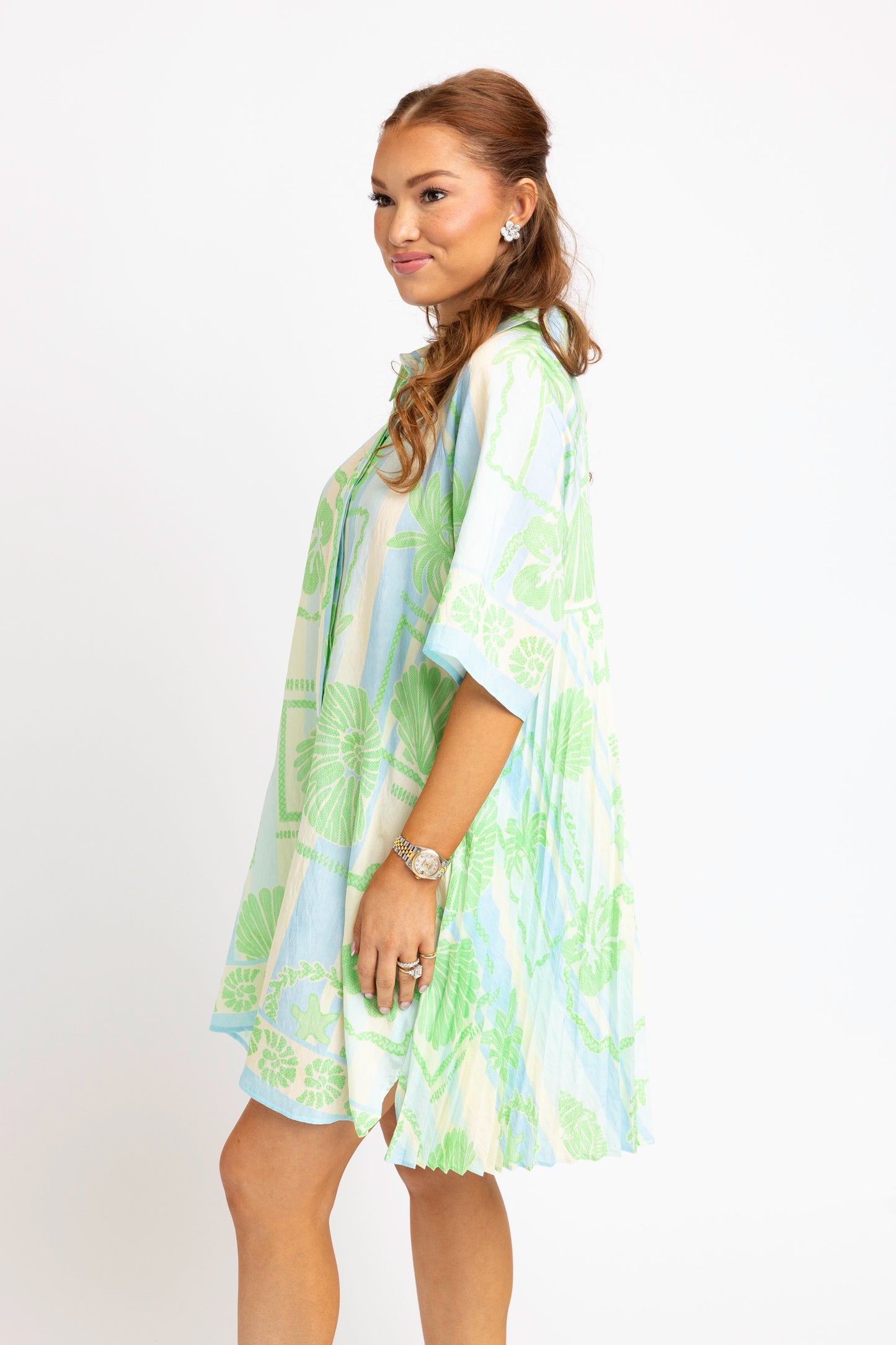 Karlie Striped Pleat Back Shirt Dress in Green Seashells