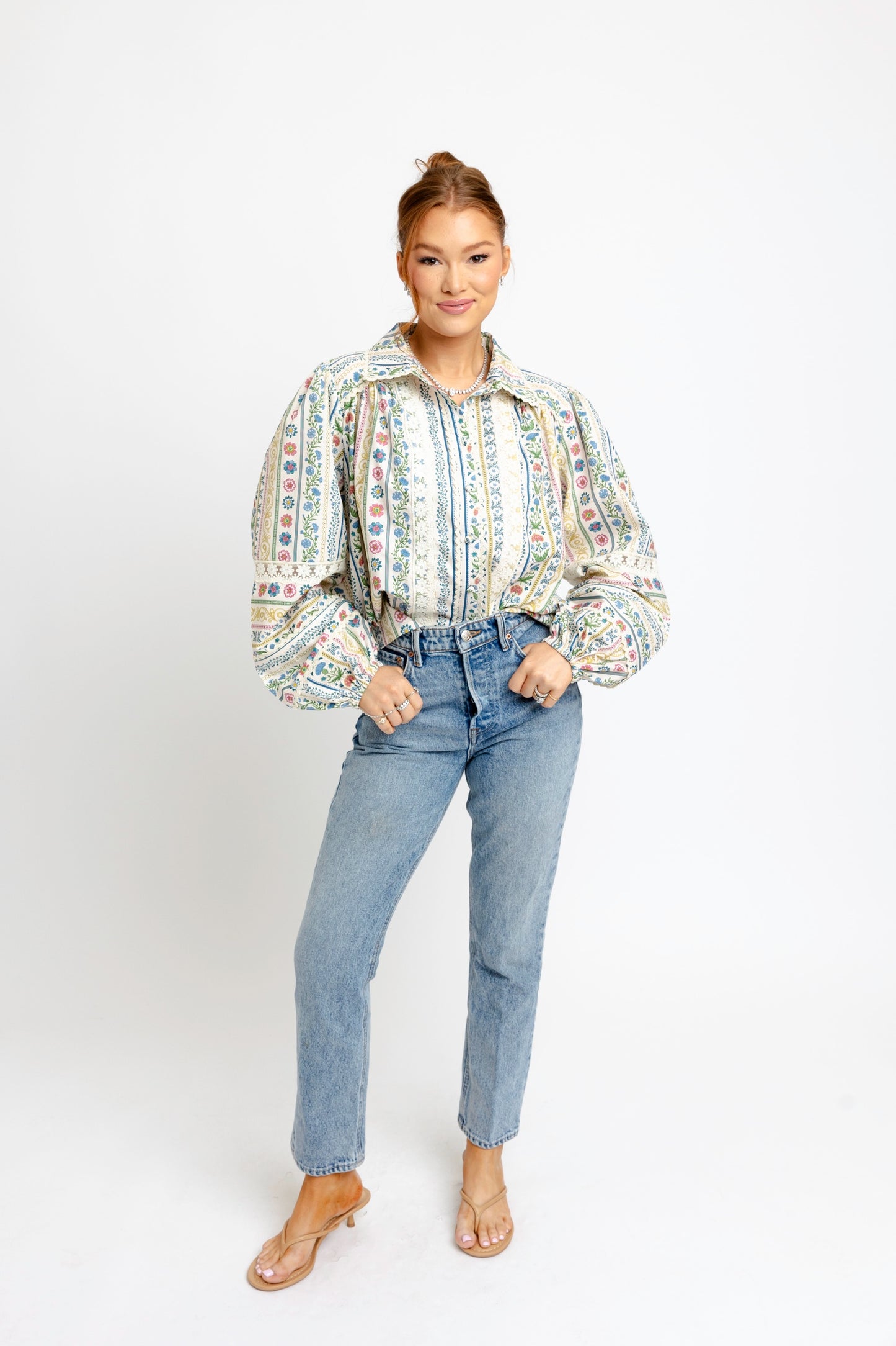 Lace Detailed Buttondown in French Cottage Floral