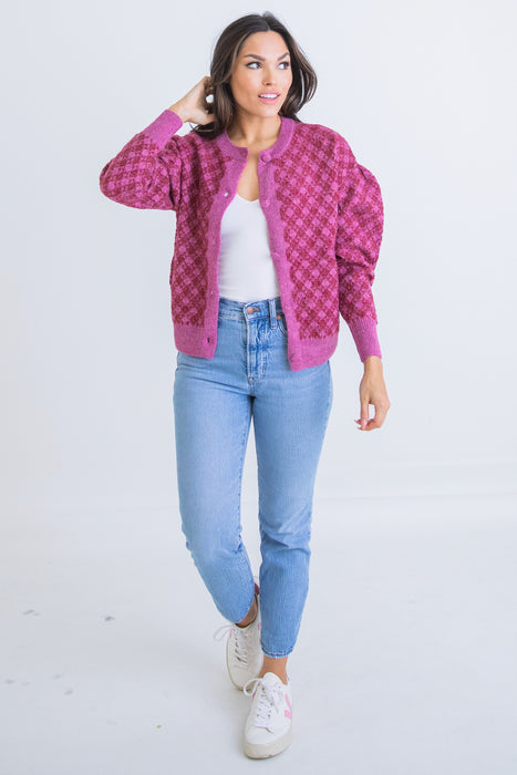 Karlie Plaid Button Front Cardigan in Magenta