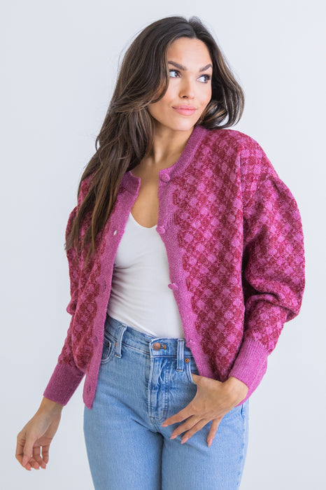 Karlie Plaid Button Front Cardigan in Magenta