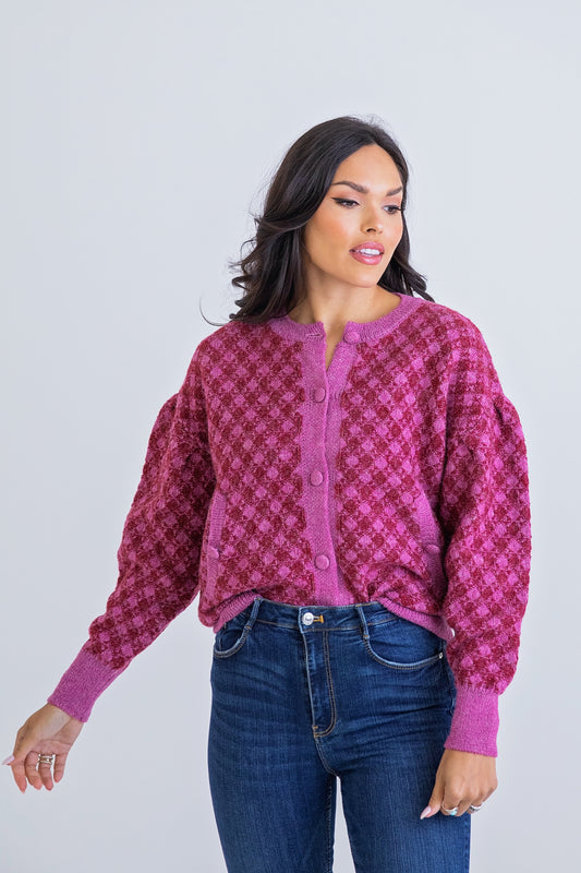 Karlie Plaid Button Front Cardigan in Magenta