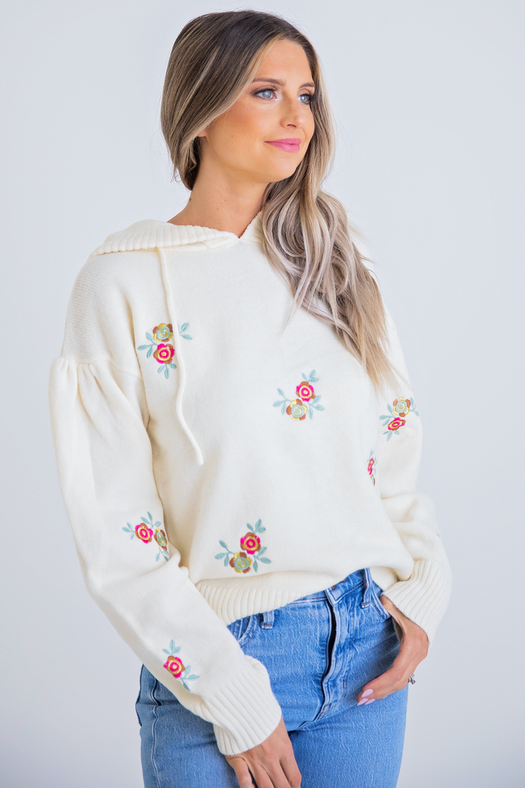 Karlie Hooded Sweater in Cream Rose Detail