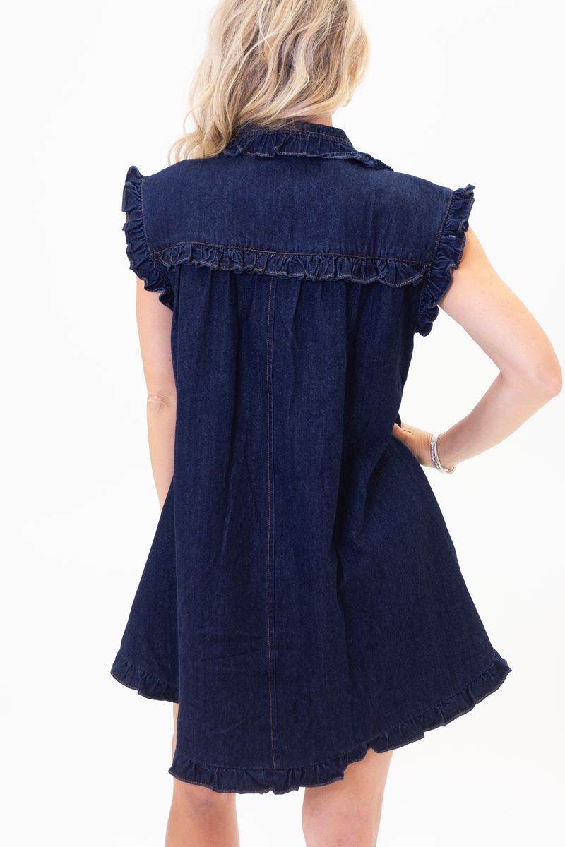 Karlie Denim Ruffle Button Front Pocket Dress
