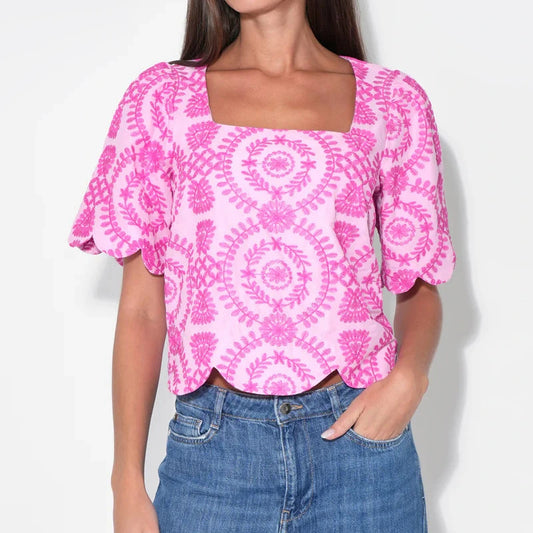 Adelyn Rae Hadley Square Neck Scalloped Embroidered Top in Lilac/Magenta