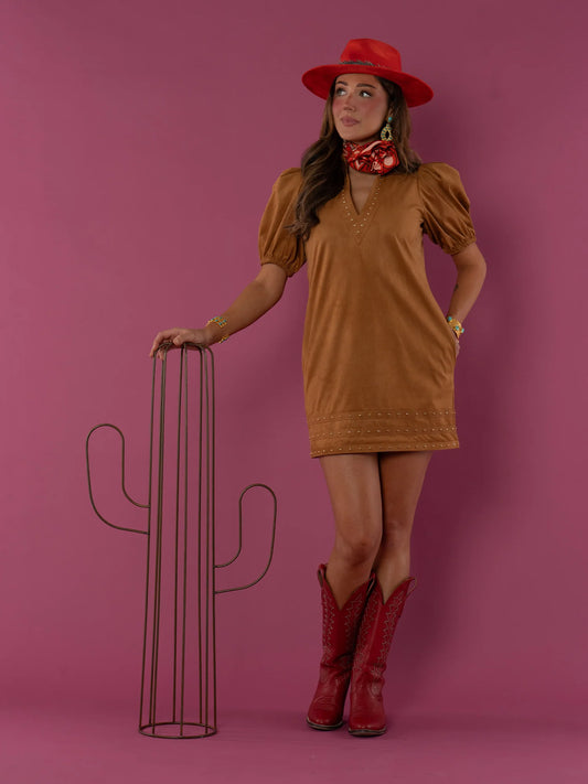 Emily McCarthy Hampton Mini Dress in Brown Sugar Suede