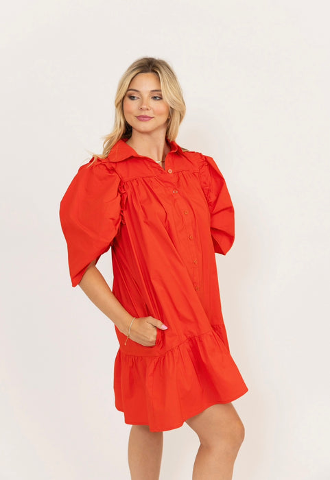 Karlie Poplin Ruffled Dress in Gameday Red