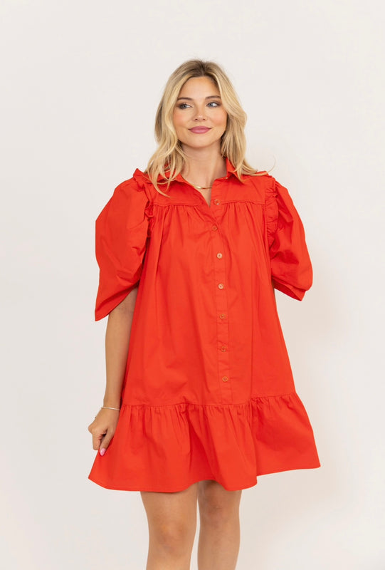 Karlie Poplin Ruffled Dress in Gameday Red