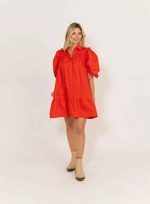 Karlie Poplin Ruffled Dress in Gameday Red