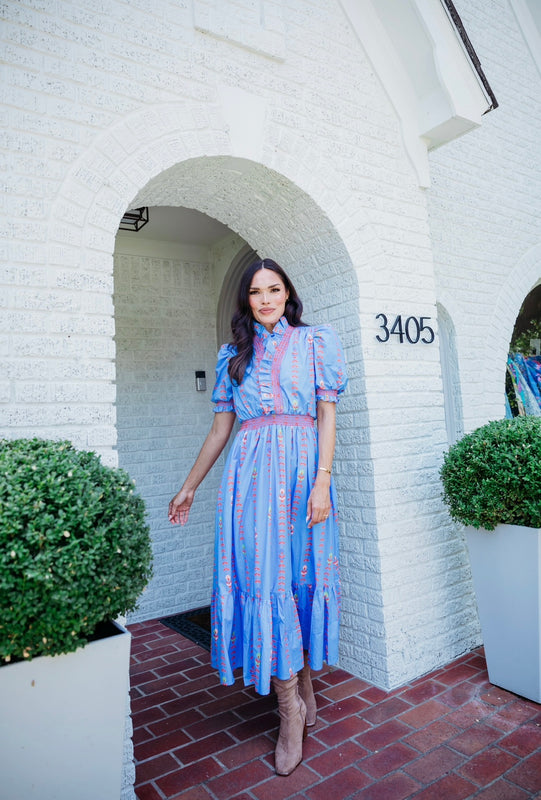 Karlie Ruffled Maxi Dress in Floral Vine Blue