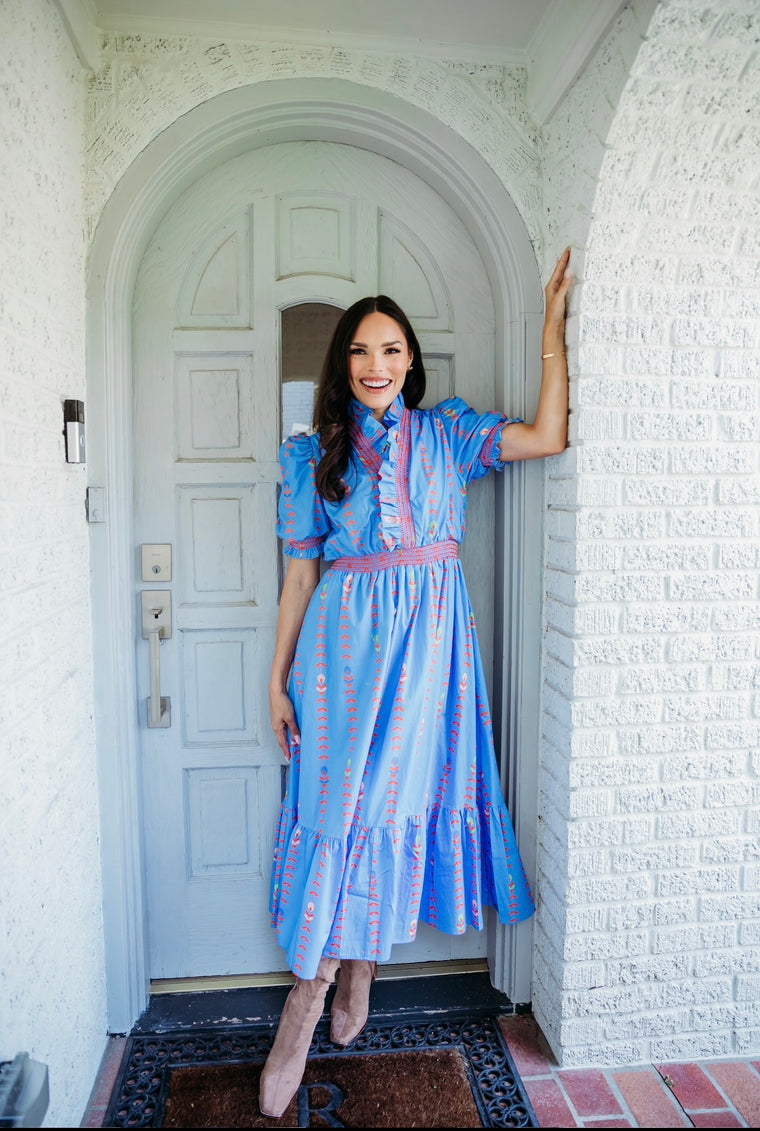 Karlie Ruffled Maxi Dress in Floral Vine Blue