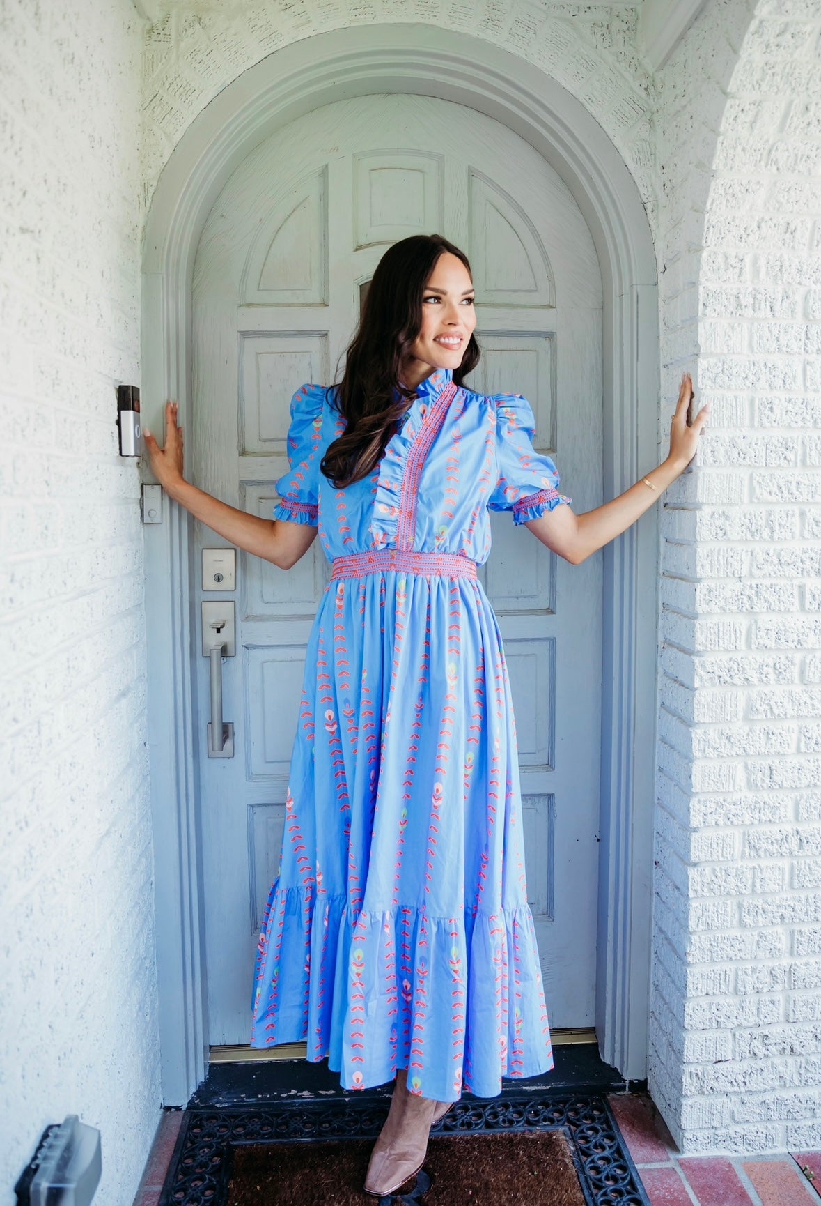 Karlie Ruffled Maxi Dress in Floral Vine Blue