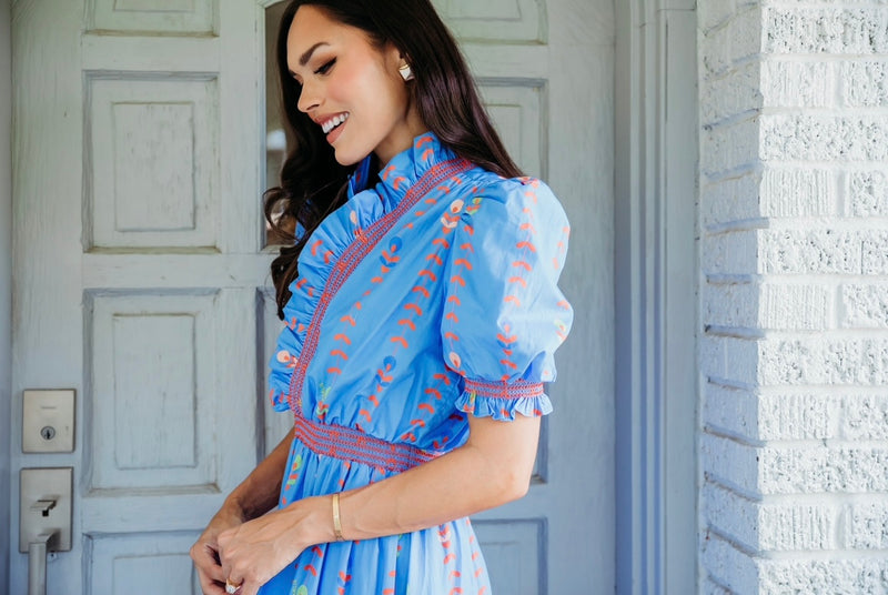 Karlie Ruffled Maxi Dress in Floral Vine Blue