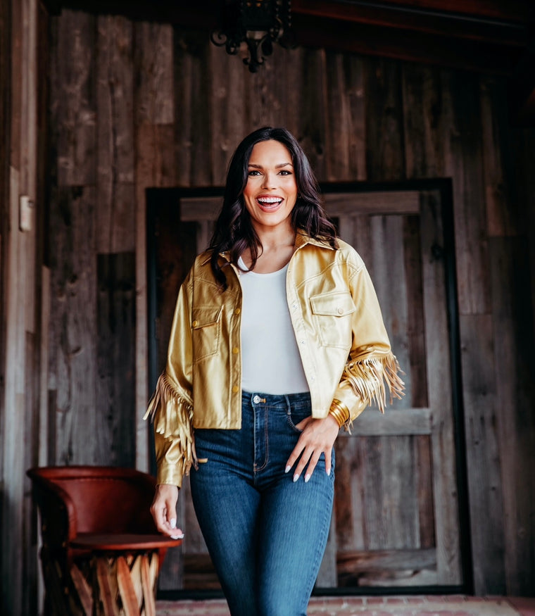 Karlie Faux Leather Fringe Jacket in Metallic Gold