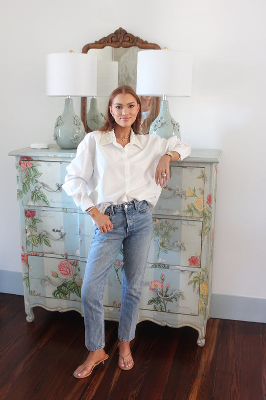 Karlie Pearl Embellished Ultra Soft Denim in Mid Wash