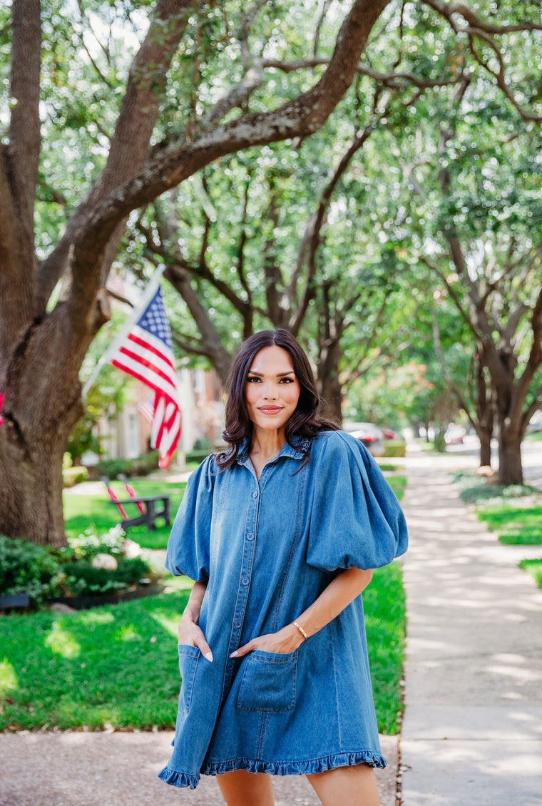 Karlie Ruffled Edge Dress in Denim