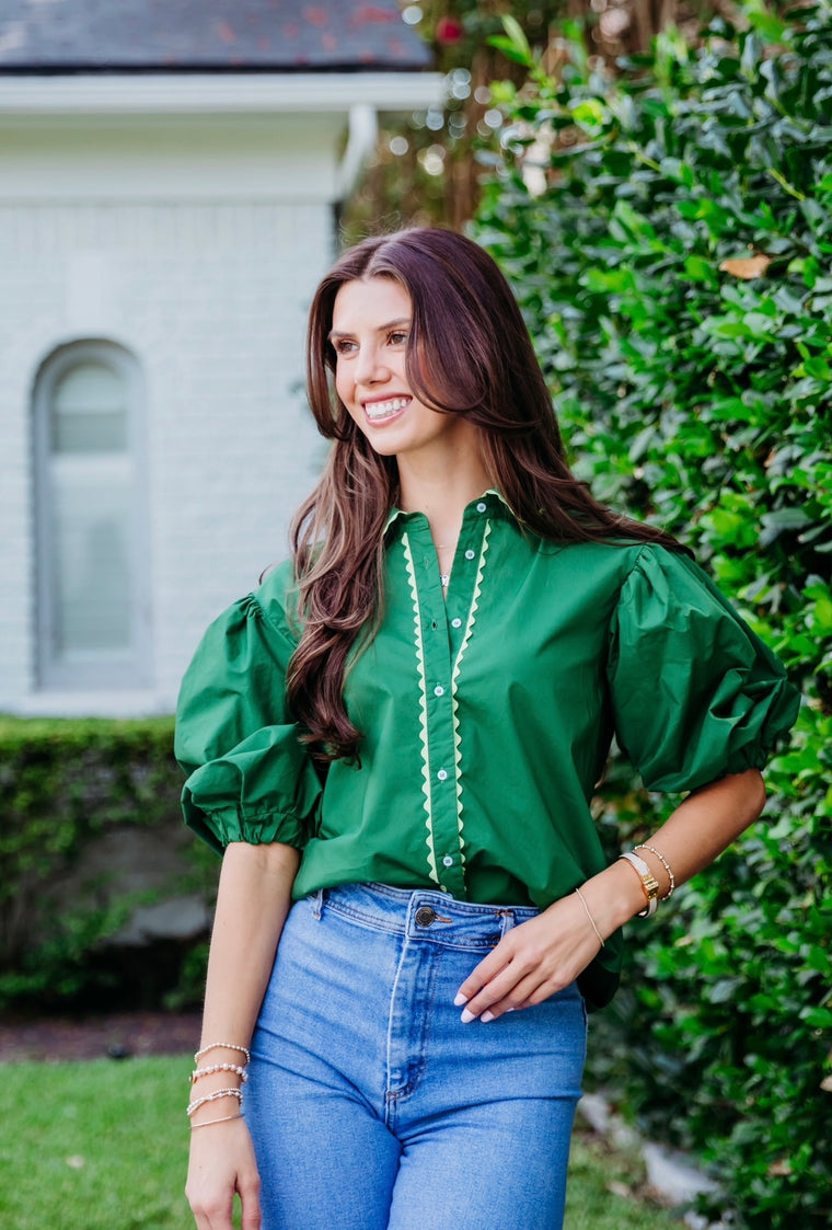 Karlie Poplin Ric Rac Bubble Sleeve Top in Green