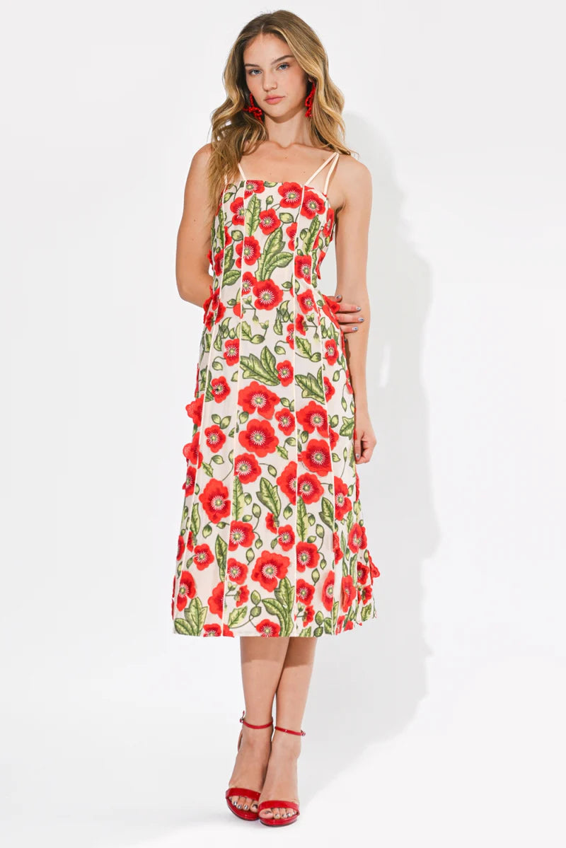 Adelyn Rae Ivy 3D Floral Midi Dress in Red Multi