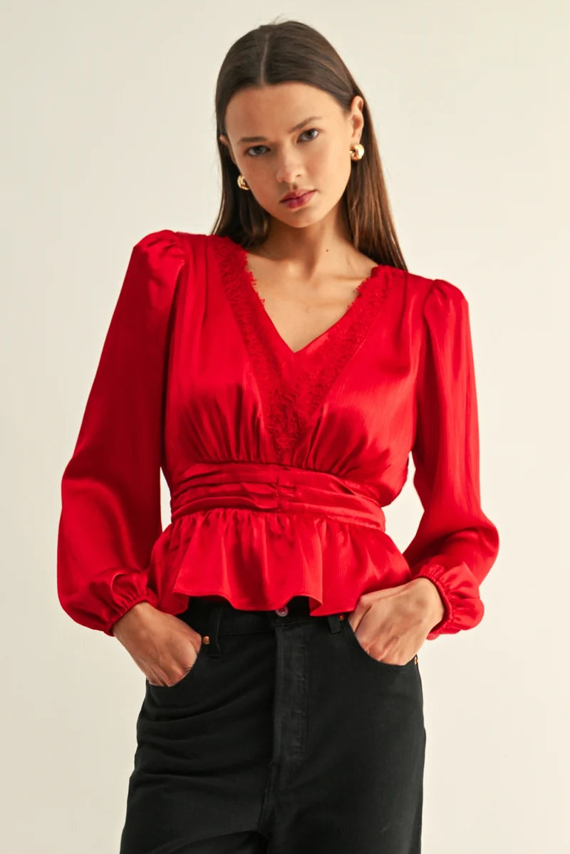 Adelyn Rae Jordyn Lace Inserted Long Sleeves Peplum Top in Red