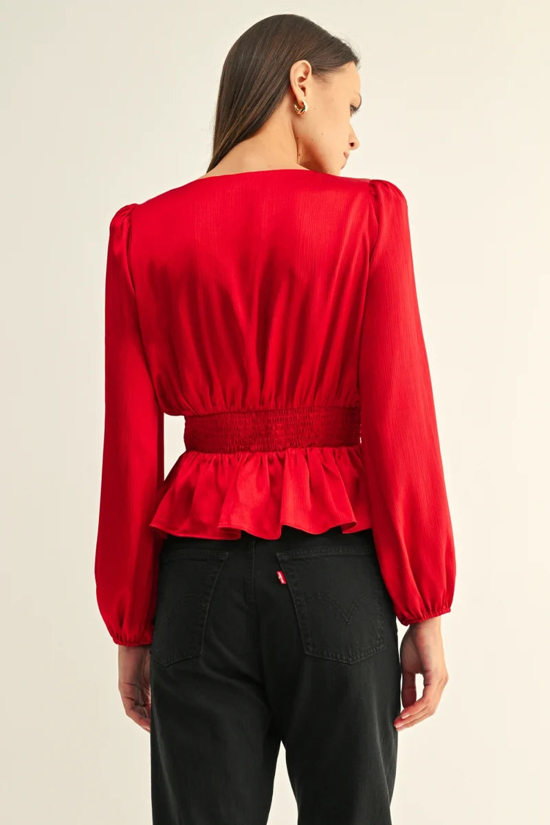 Adelyn Rae Jordyn Lace Inserted Long Sleeves Peplum Top in Red