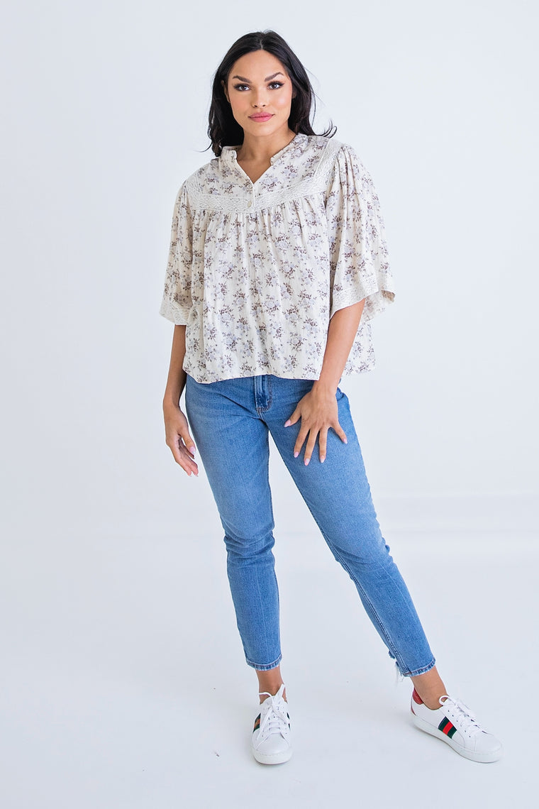 Karlie Quilted Boho Blouse in Neutral Floral