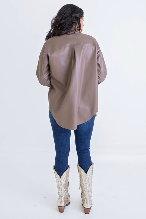 Karlie Leather Buttondown Shacket in Truffle