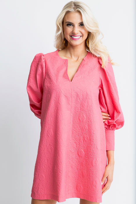 Karlie Embossed V-Neck Dress in Melon Pink