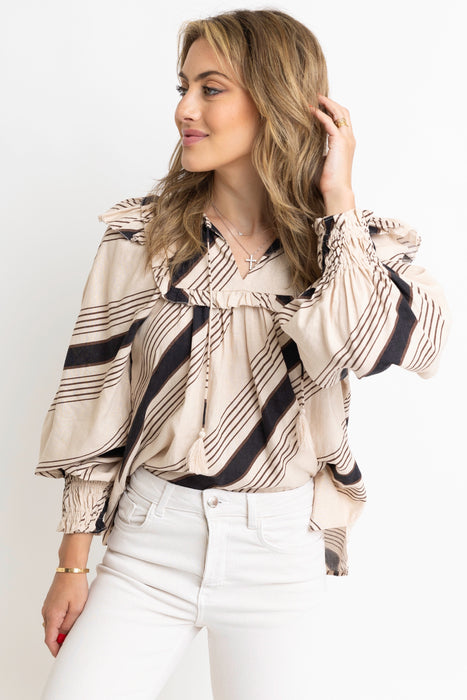 Karlie Ruffled Tie Front Top in Black/Brown Stripe