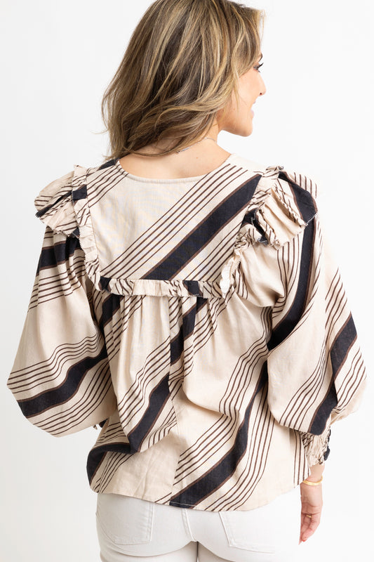 Karlie Ruffled Tie Front Top in Black/Brown Stripe