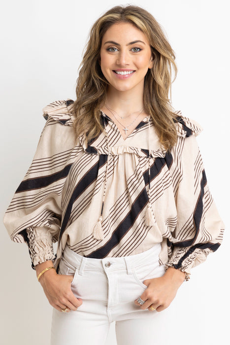 Karlie Ruffled Tie Front Top in Black/Brown Stripe