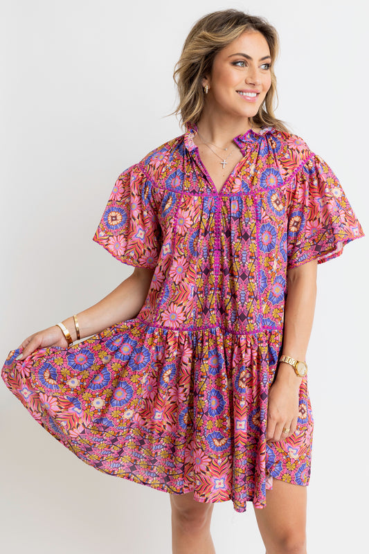 Karlie Tiered V-Neck Dress in Kaleidoscope