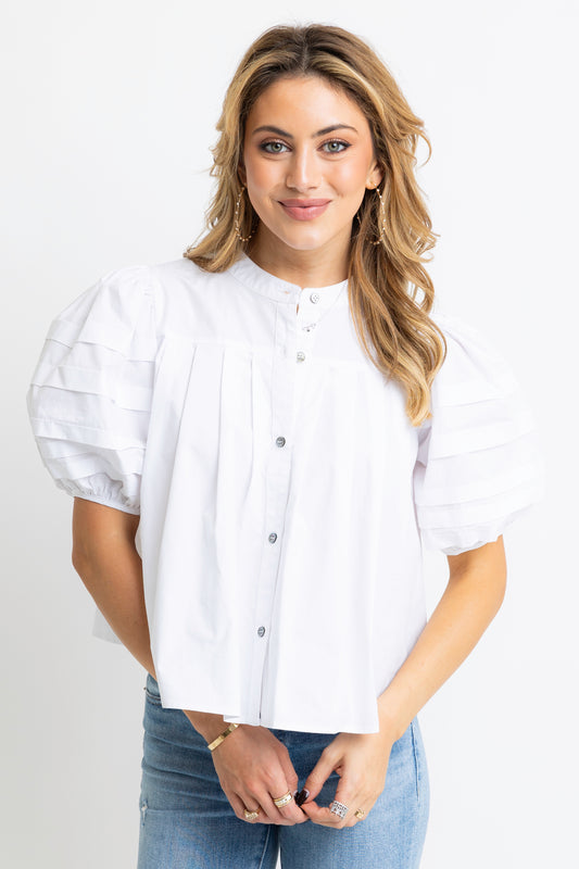 Karlie Poplin Pleated Top in White