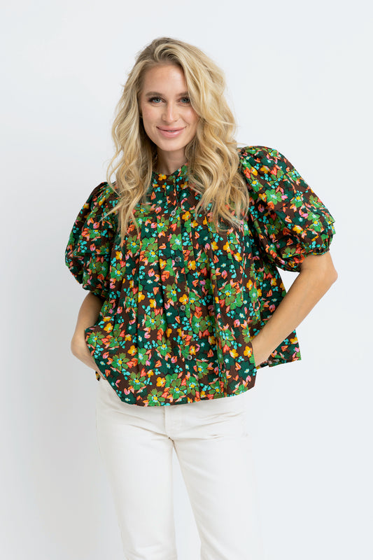 Karlie Puff Sleeve Floral Top in Chocolate