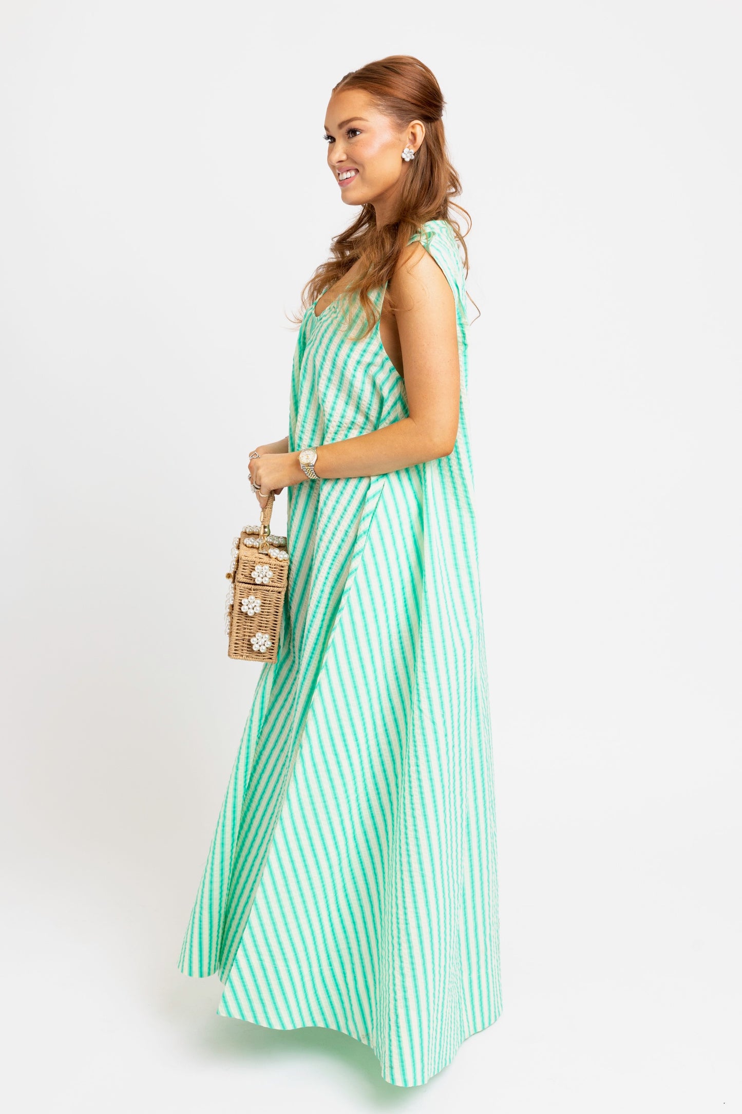 Karlie Seersucker Striped Scoop Neck Maxi Dress in Green