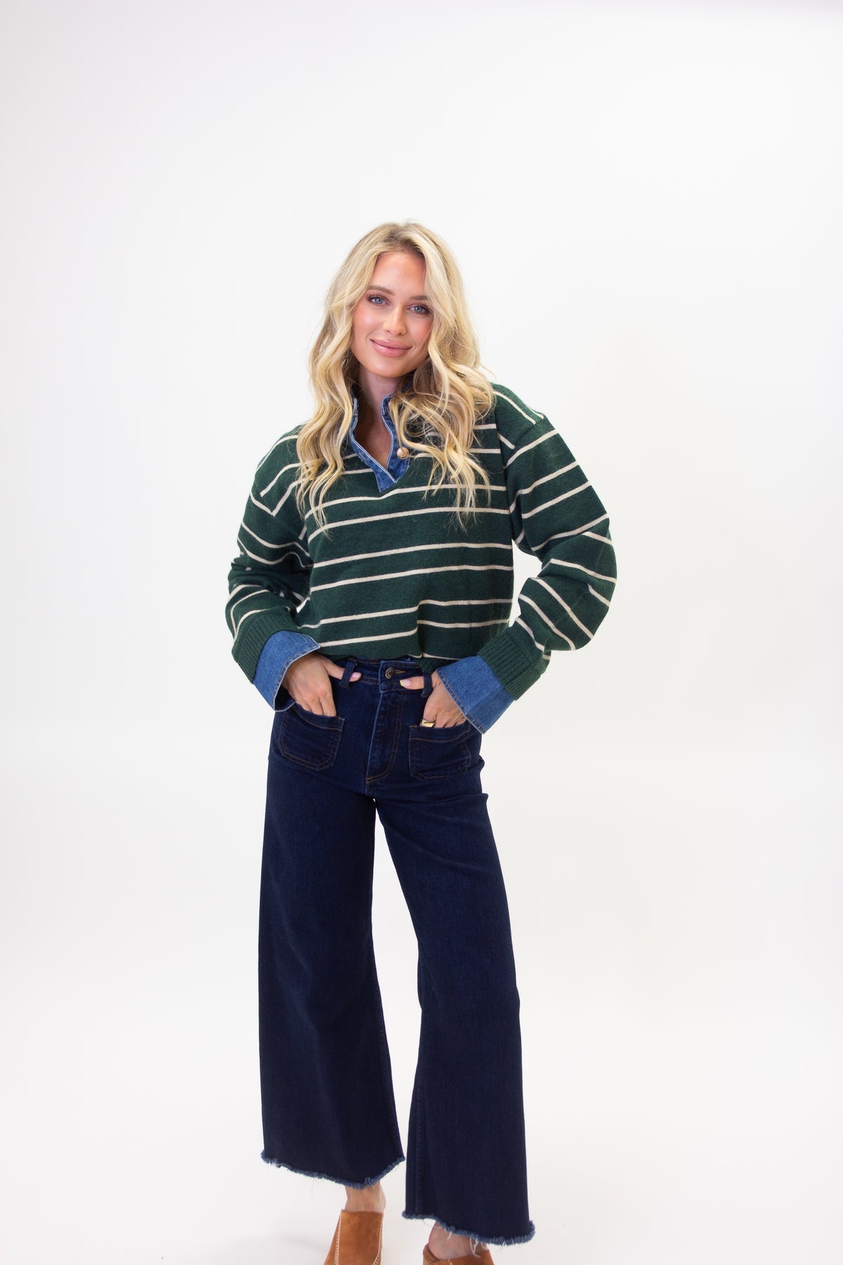 Karlie Striped Layered Sweater in Fall Green