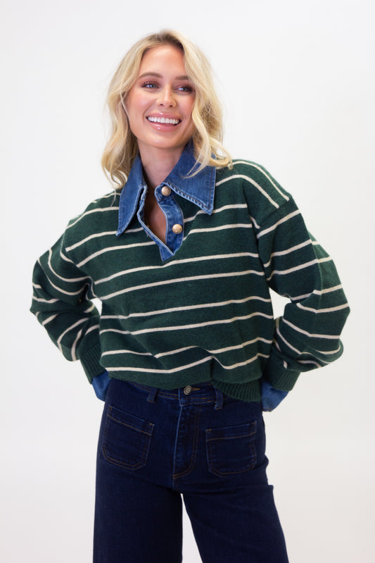 Karlie Striped Layered Sweater in Fall Green