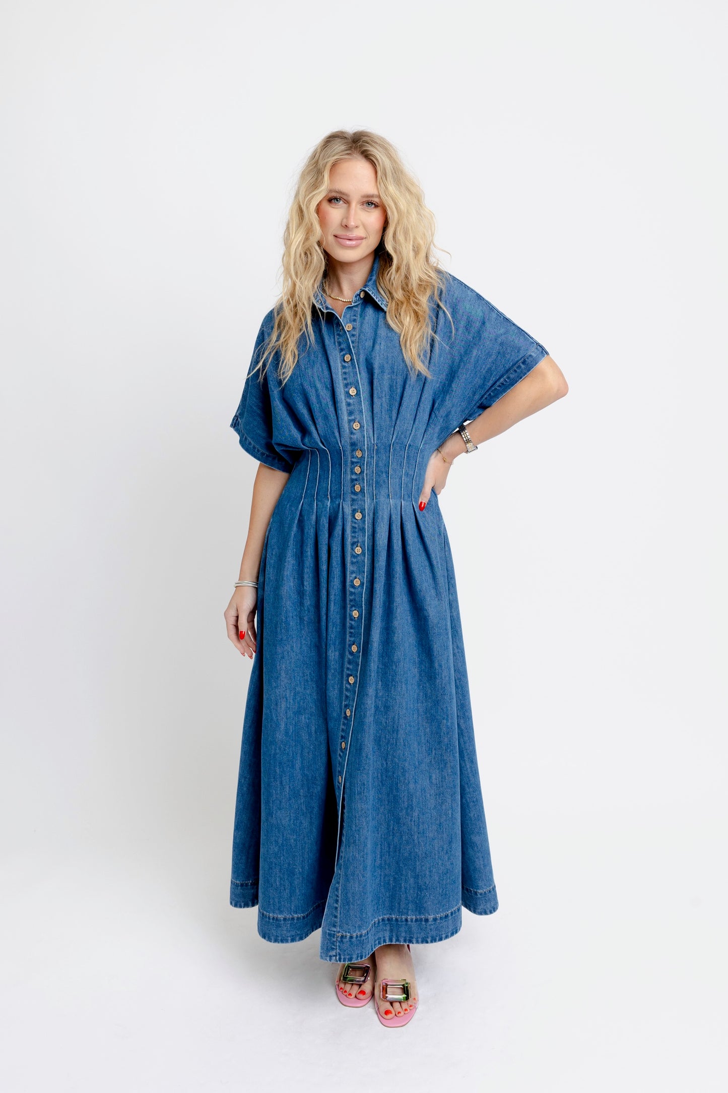 Karlie Shirt Collared Buttondown Maxi Dress in Denim