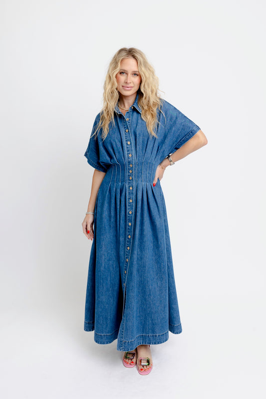 Karlie Shirt Collared Buttondown Maxi Dress in Denim