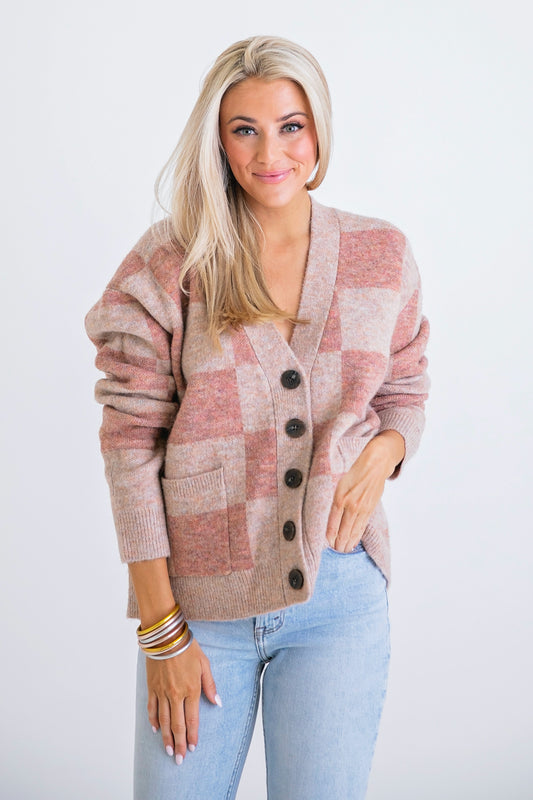 Karlie Square Check Cardigan in Blush Check