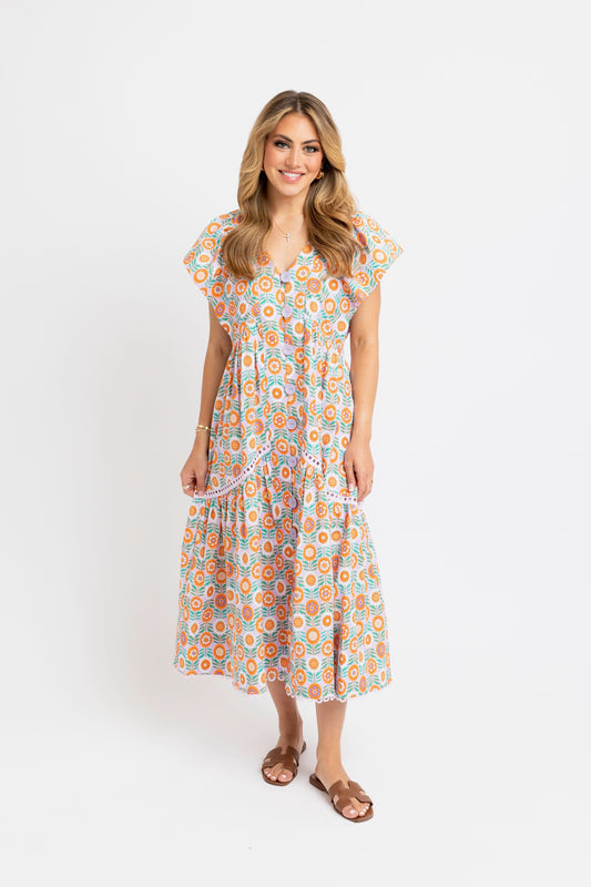 Karlie Novelty Button Front Midi Dress in Lavender Floral