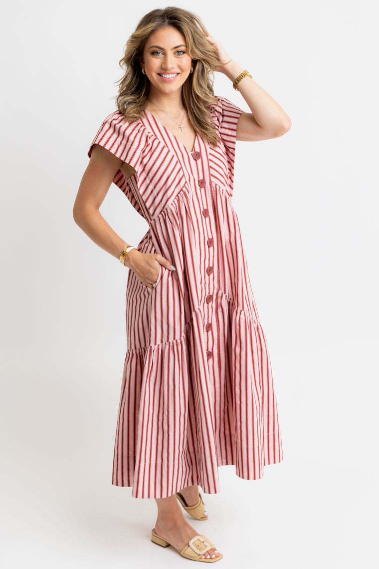 Karlie Button Front Ruffled Sleeve Midi Dress in Pink/Maroon