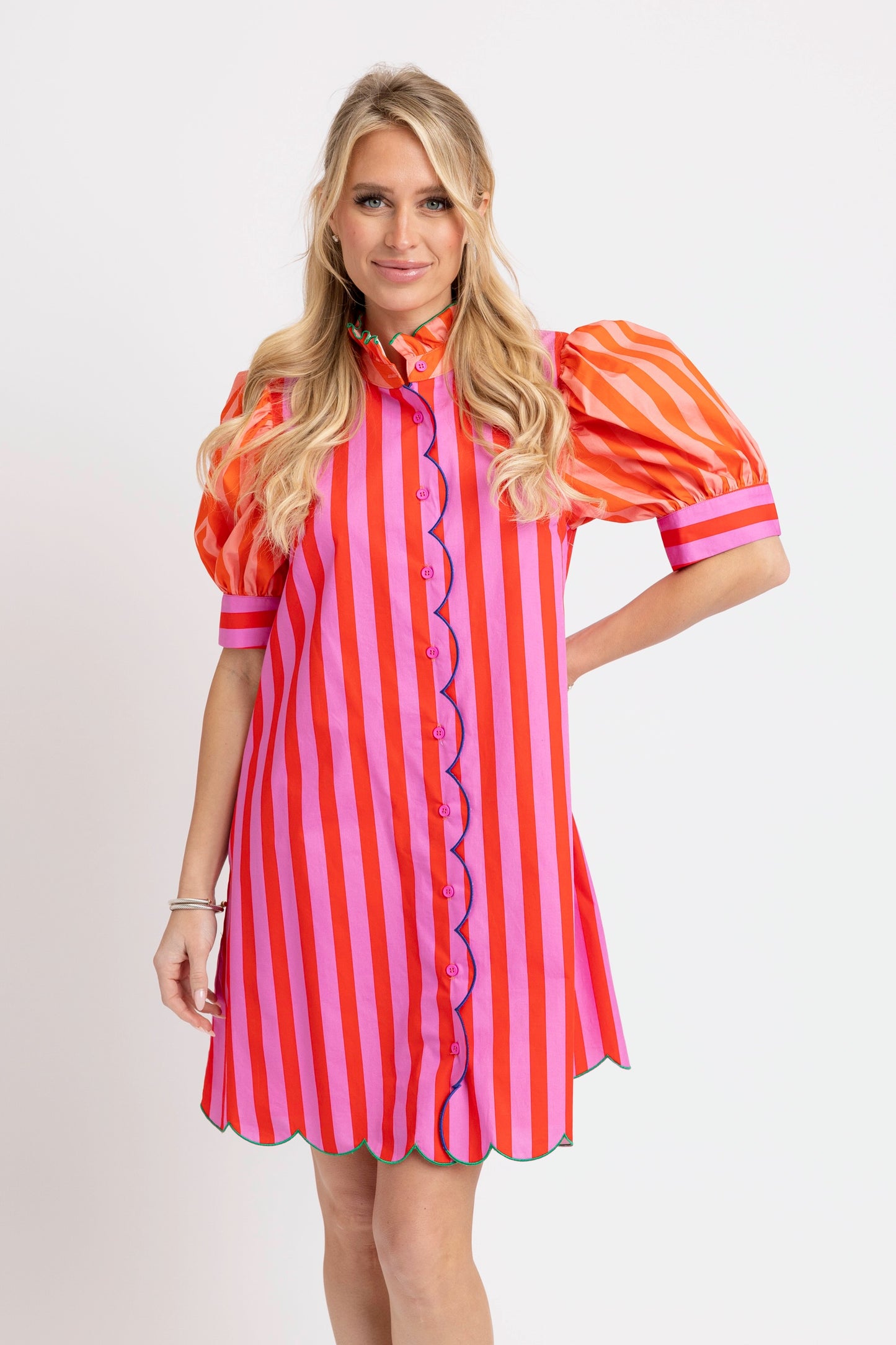 Karlie Scalloped Hem Striped Dress in Multi Color