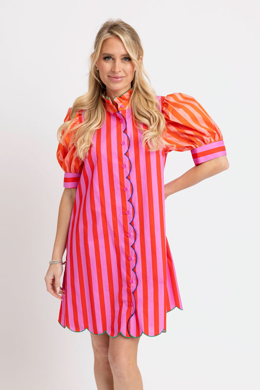 Karlie Scalloped Hem Striped Dress in Multi Color